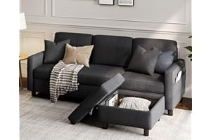 KKL Sectional Sofa, Convertible Couch with Movable Chaise, Storage Ottoman, L Shaped Couch for Small Space, Apartment Couch, Couches for Living Room, Linen, Dark Grey