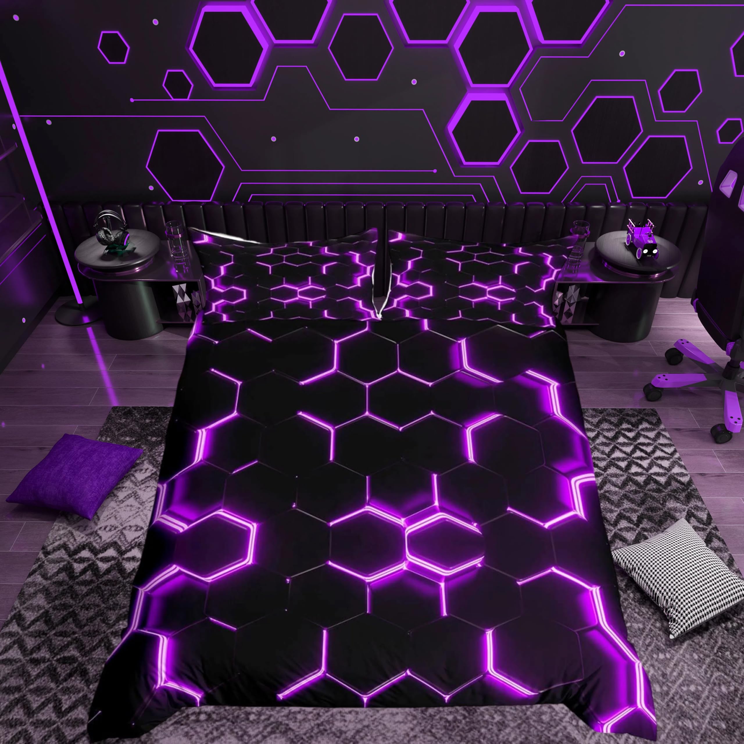 Boys Honeycomb Bedding Set for Kids Men Girls Modern Hexagon Theme Comforter Cover Purple Neon Decor Duvet Grid Art Bedspread Bedroom Collection 2Pcs Single — image 1