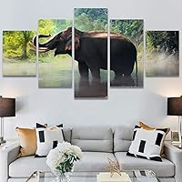 SIGNWIN 5 Panel Canvas Wall Art Modern Art Animals Dramatic Elephants Giraffe Multicolor Photography Southwest for Home Decorations Ready to Hang - 60