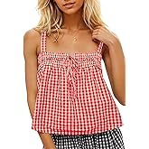 Burtell Women Cute Tie Front Plaid Crop Tank Tops Square Neck Sleeveless Gingham Camisole Tops Summer Backless Cropped Vest