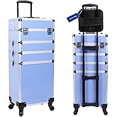 CHUANGJIN 5 in 1 Professional Makeup Train Case Aluminum Cosmetic Case Rolling Makeup Case ExtraLarge Storage Organizer with Key Swivel Wheels Salon Barber Case for Make Up Nail Hairstylists, Blue