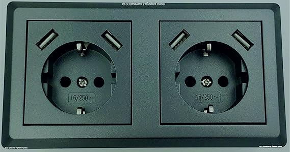 Schuko Doppelsteckdose mit je 2 x USB Ladebuchse (max. 2800mA) ähnlich graphit grau, Eleganter Style, passt in 2-fache Unterp