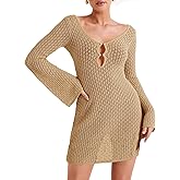 Saodimallsu Womens Crochet Swimsuit Coverup Summer Sexy V Neck Long Bell Sleeve Mesh Knit Bikini Cover Ups Beach Dresses