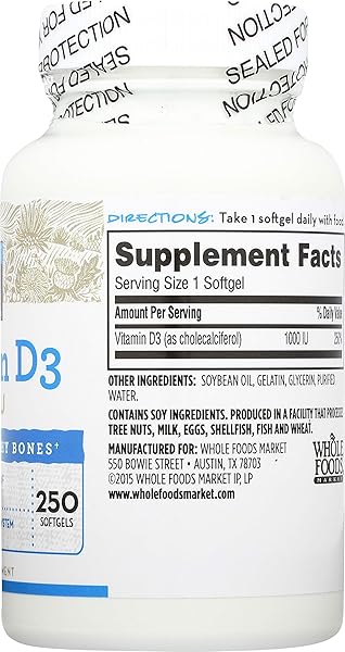 365 EVERYDAY VALUE, VITAMIN D3 1000 IU, CAPSULE, 250 CT