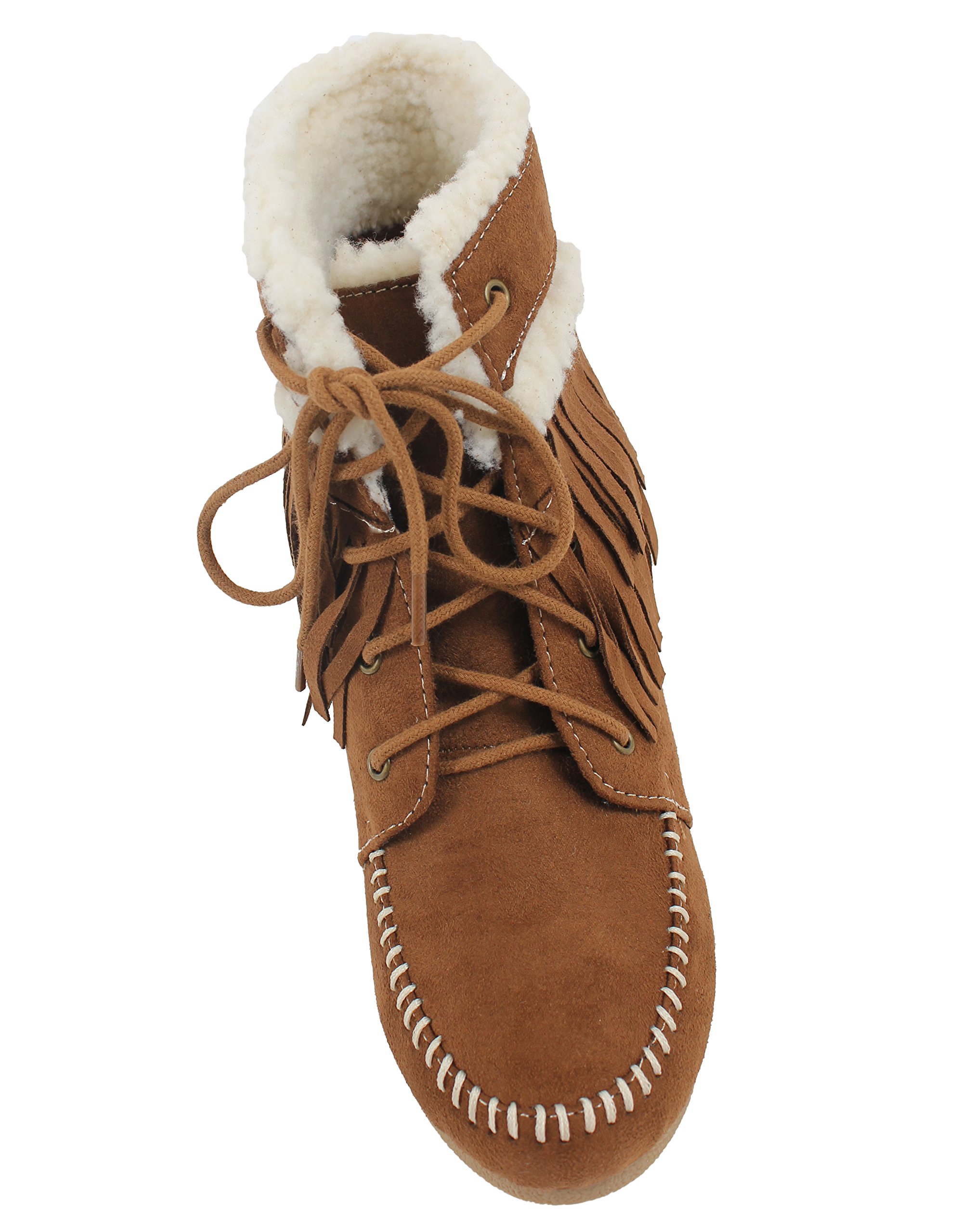 City Classified Women's Faux Suede Faux Fur Moccasin Fringe Lace Up Wedge,8 B(M) US,Chestnut - Image 5