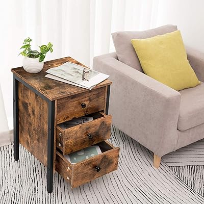 Buy Hoobro Nightstands Set Of 2 End Table With 3 Drawers And Storage Shelf Retro Industrial Style End Table For Living Room Bedroom Easy Assembly Rustic Brown And Black Bf46bzp201 Online In
