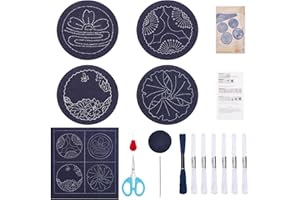 FREEBLOSS 4 Set Sashiko Coasters DIY Kit with Instructions, Sashiko Kit for Beginners Japanese Sashiko Embroidery Coasters for Housewarming Gift
