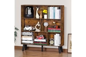 LEYAOYAO 8 Cube Bookshelf,3 Tier Bookcase with Legs,Rustic Brown Mid-Century Modern Bookshelves,Large Open Storage Organizer 