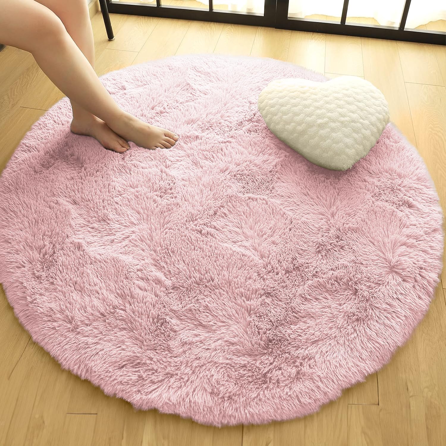 Oxford Homeware Round Rugs Living Room 120x120 cm – Fluffy Shaggy Pink Area Rugs for Bedroom, Lounge – Modern Super Soft Non Slip Rug Washable Floor Carpets Bedside Rug for Kid Room