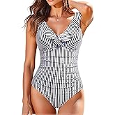 Holipick Women One Piece Swimsuits Tummy Control Bathing Suit Ruffle V Neck Swimwear Slimming Monokini