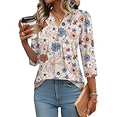 IECCP 3/4 Length Sleeve Womens Tops Dressy Casual Henley V-Neck Summer Tops Pleated T-Shirts Loose Fit Work Blouses