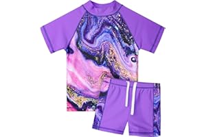 TFJH E Girls Short Sleeve Swimsuit Two Piece Swimwear UPF 50+ UV 3-12 Years