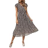 Manydress Womens Summer Casual Flutter Sleeve V Neck Dresses Chiffon Floral Print Ruffle Boho Midi Dress with Belt MY115