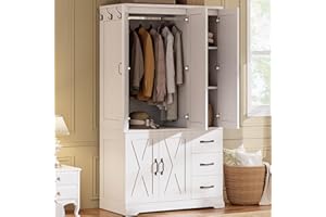 LIKIMIO Wardrobe Closet with 5 Cabinet Doors and 3 Drawers, Large-Capacity Deep Armoire for Bedroom with 3 Side Hooks, Hanging Rod and Anti - tip Kit, White