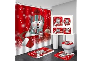 BABOIES Merry Christmas Shower Curtain Sets for Bathroom, 4Pcs Xmas Shower Curtain/Non-Slip Bathroom Rugs/Lid Toilet Cover/Bath Mat, Funny Santa Claus Elk Snowman Carpet Decor (Christmas - A)