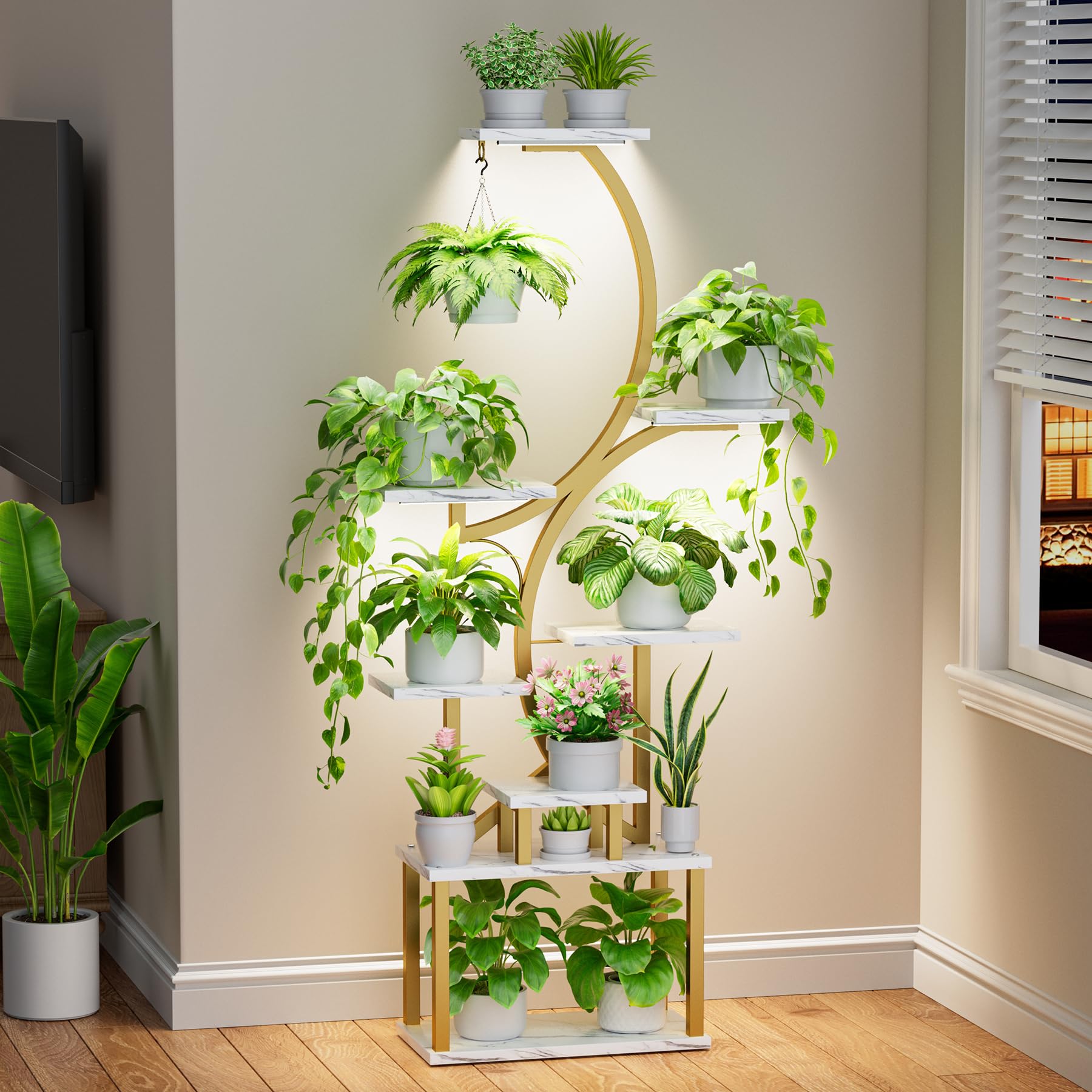 Plant Stand Indoor with Grow Lights - 62" Tall Plant Shelf, Lighted Corner Plant Stands for Indoor Growing, 8 Tiered Large Flower Holder, S-Shaped Plants Rack for Living Room, Bedroom, Faux Marble Image