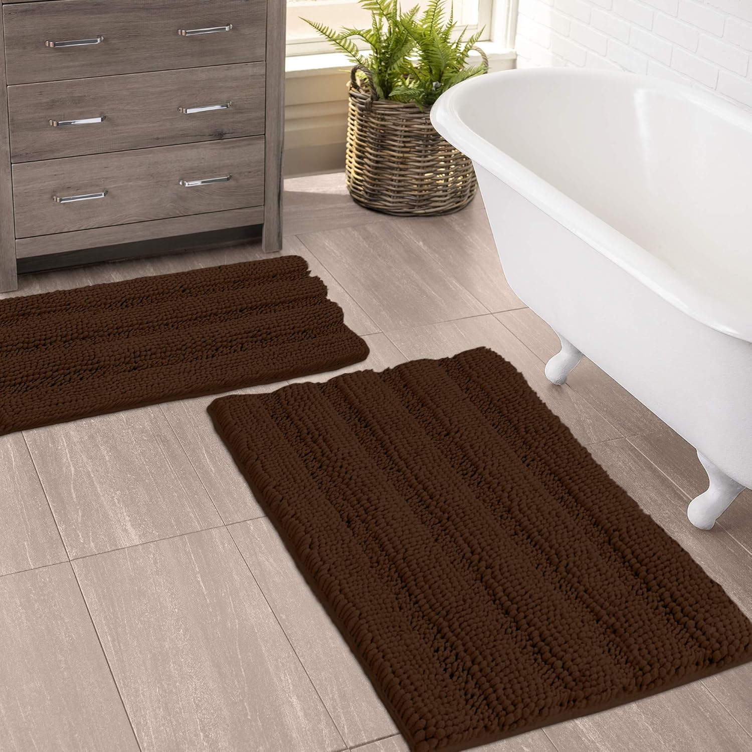 Amazon Com Brown Bathroom Rugs By Zebrux Non Slip Thick Shaggy Chenille Bath Mats For Bathroom Extra Soft And Absorbent Striped Bath Rugs Set For Indoor Kitchen Home Kitchen