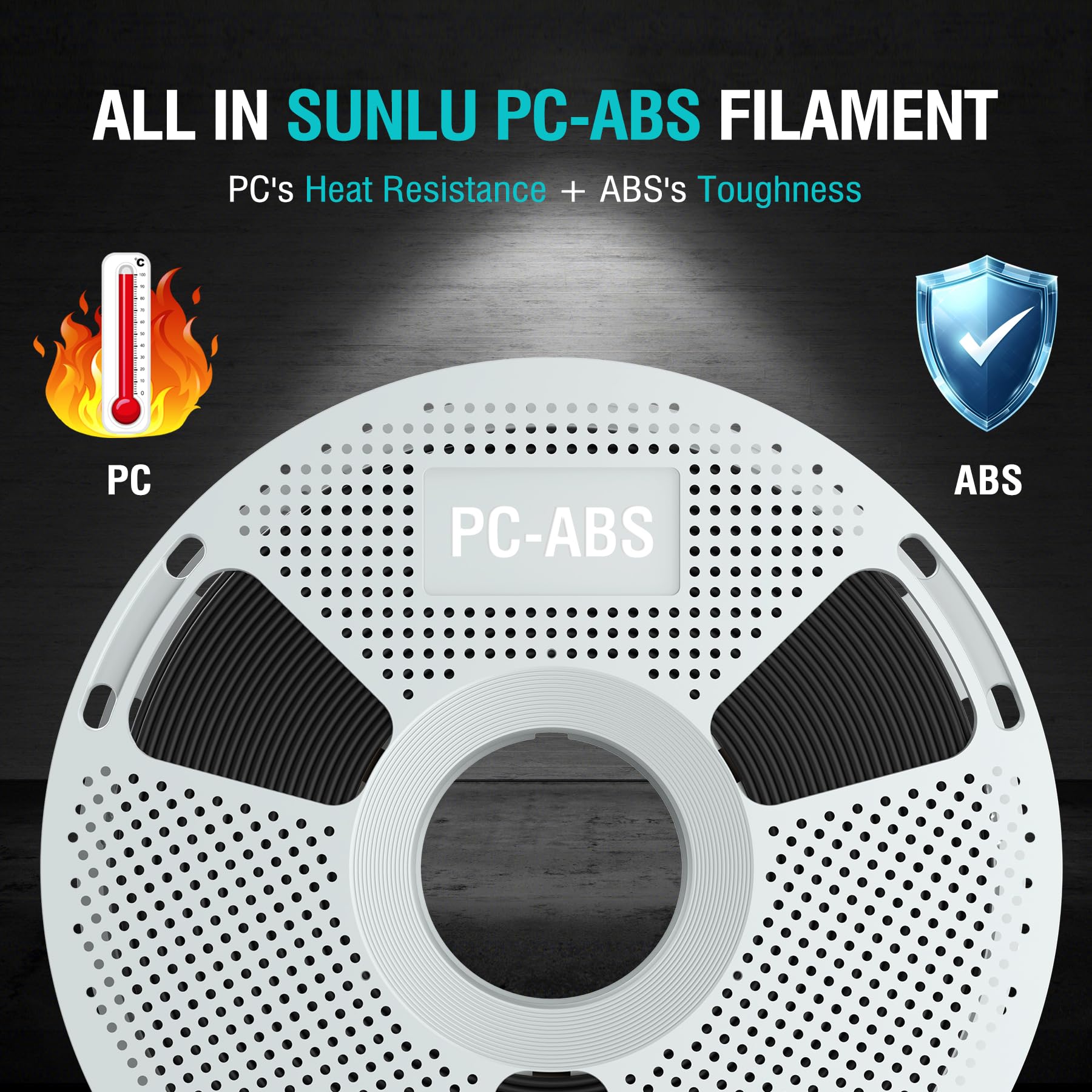 SUNLU PC-ABS 3D-Druckfilament 1,75mm 1KG, PC & ABS Hybrid Filament, Hochfest, lackierfertig & plattenfertig, Industriequalität, hitzebeständige Spule, Maßhaltigkeit +/-0,02mm, 1KG (2,2lbs), Schwarz 2