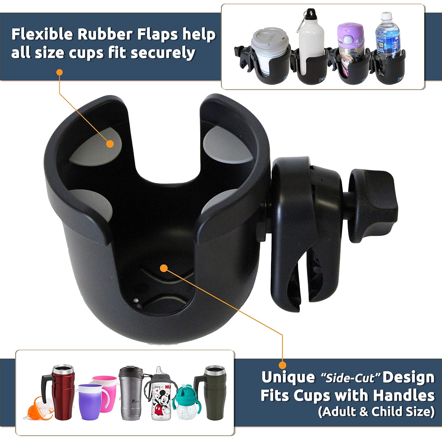 W4W Universal Stroller Cup Holder – Mega Strength Adjustable Clamp fits on Any Bike, Walker, Wheel Chair, Car – Large Adjustable Drink Holder fits Any Size Cup, Water Bottle, Can etc.: Baby