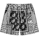 Wlizszu Men's Summer Paisley Shorts Graphic Bandana Print Boho Beach Lightweight Drawstring Shorts with Pockets