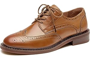 BEAU TODAY Oxford Shoes for Women,Leather Brogue Dress Shoes,Comfort Brethable Ladies Lace-up Handmade Wingtip Shoes for Business Work Black-White-New US 5.5