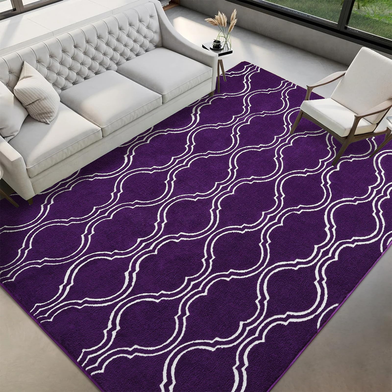 Photo 1 of Mejorug Rugs for Living Room Bedroom 5x7 Washable Fluffy Large Area Rug, Modern Soft Shag Geometric Indoor Carpet for Kids Nursery Dorm Office Classroom Dining Room Playroom Decor, Purple/White