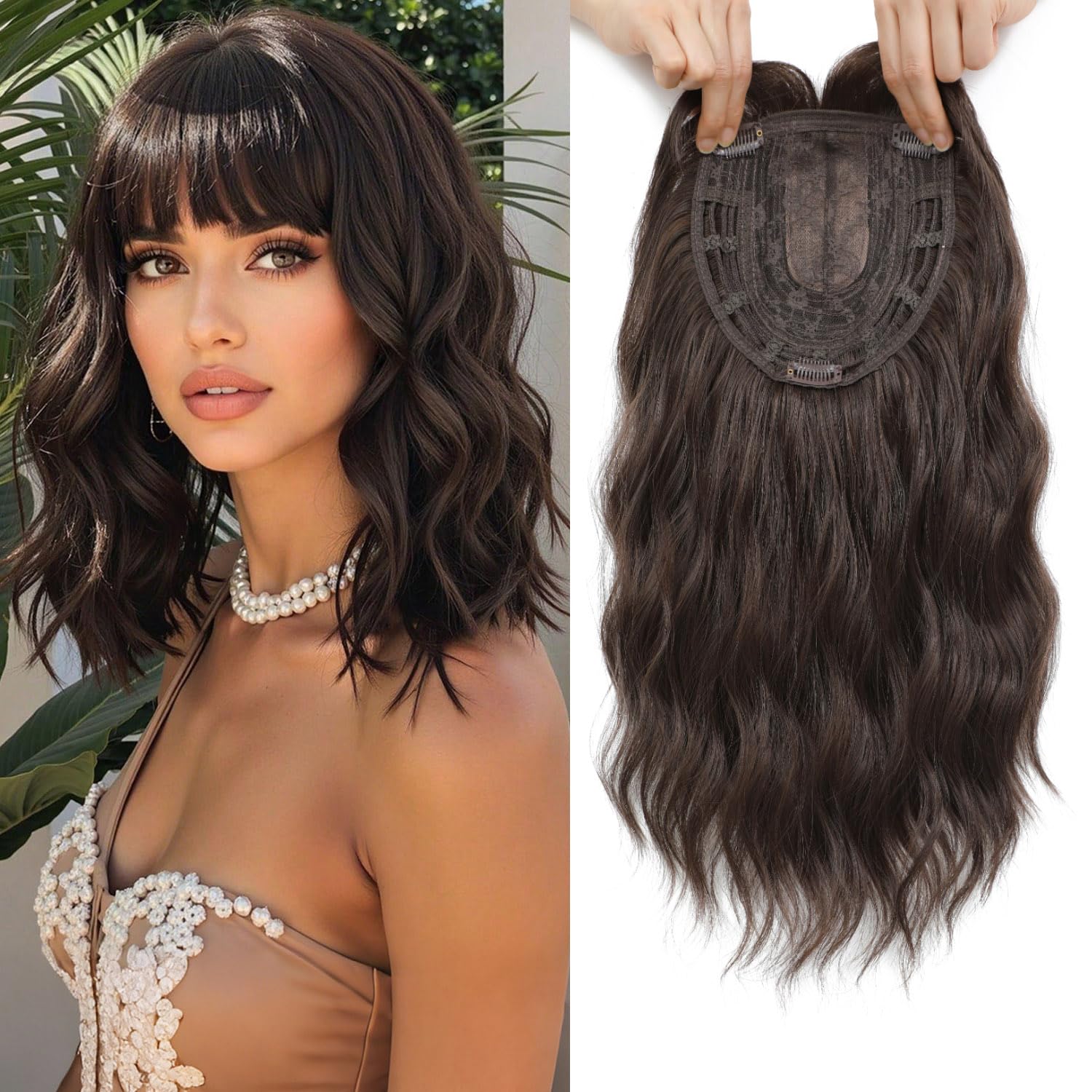 Nexyshe Hair Topper 14 Inch Wavy Hair Toppers with Bangs 6.5''X6.5'' Gluless Wig for Women Synthetic Hair Pieces for Thinninghair