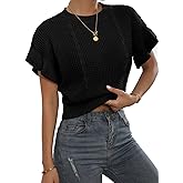 Verdusa Women's Ruffled Short Sleeve Round Neck Knitted Top Pullovers Sweater