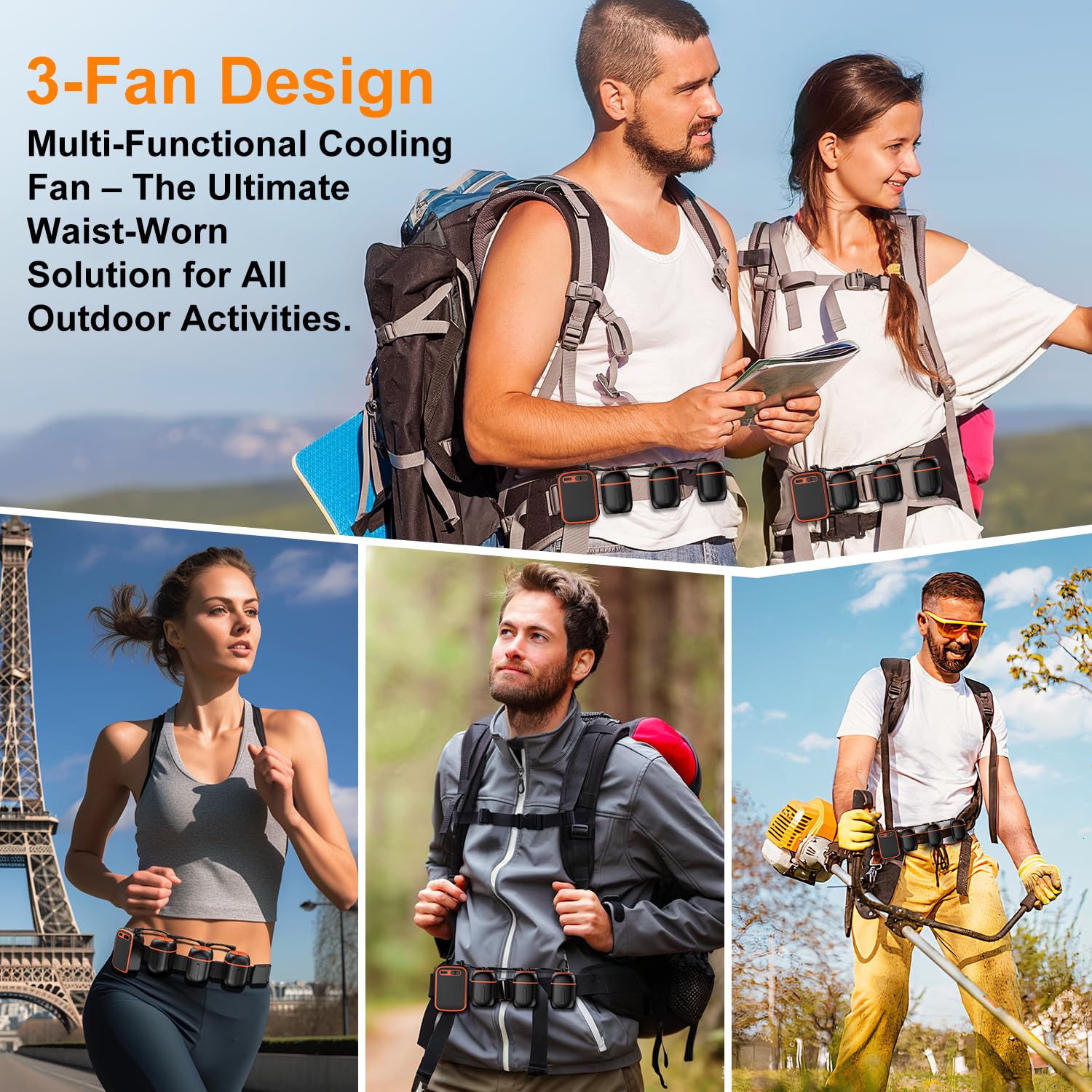 Portable Waist Fan with 3 Small Fans for 10 times Strong Wind & Wide Cooling Area 10000mAh Battery Over 24H Working Time Hands-Free Fan with Belt for Outdoor, Sports, Travel (Black Orange)
