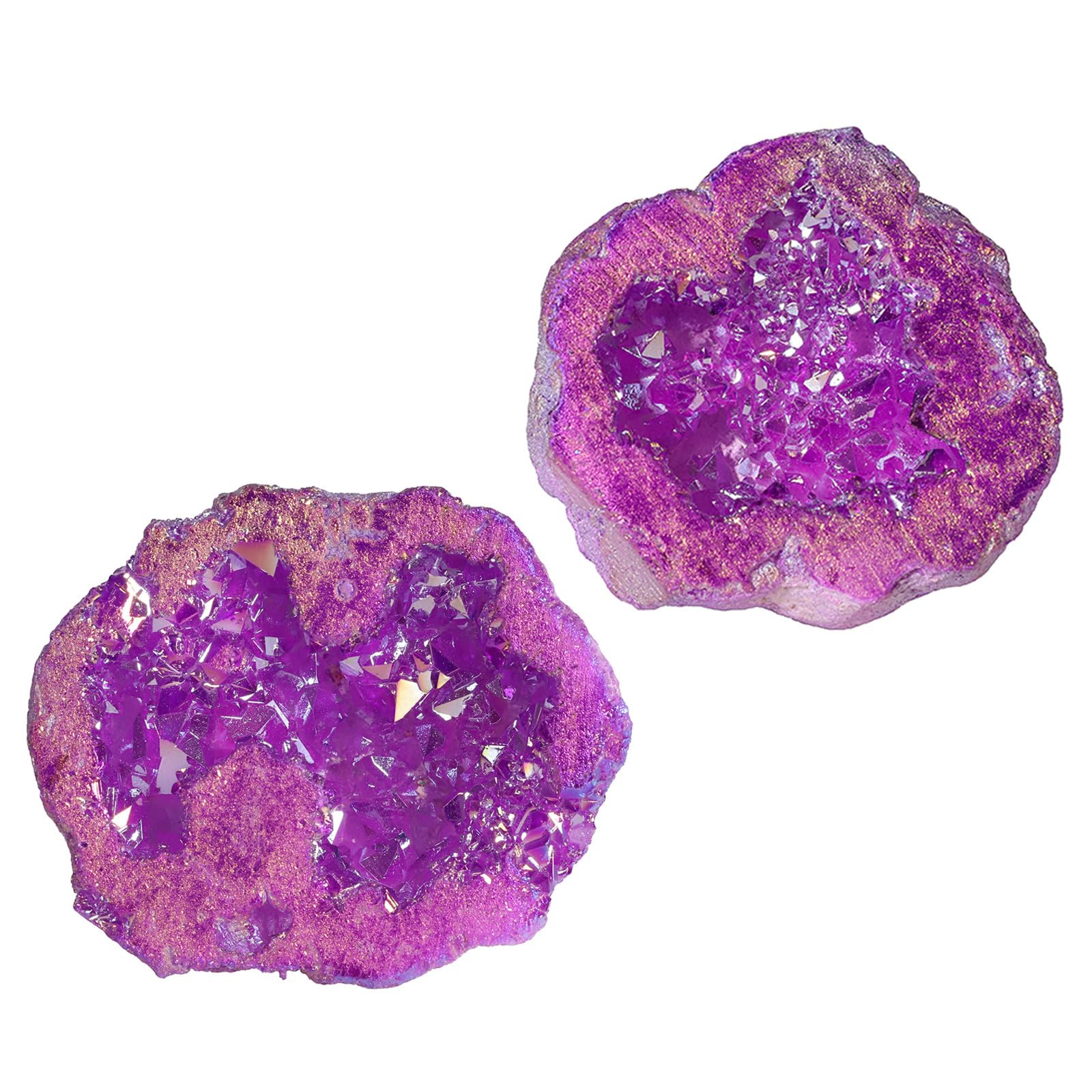 Nupuyai 2pcs Angel Aura Quartz Geode Stone, Titanium Coated Natural Rock Crystal Cluster Specimen for Reiki Healing Home Decor 10-35g, Purple