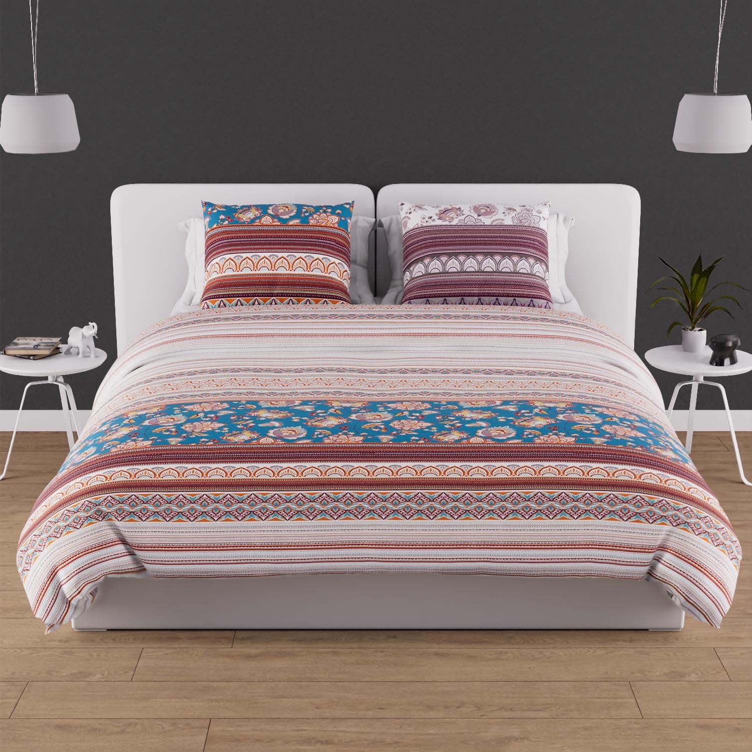 Soleil d'ocre Jaipur Comforter Cover + 2 Pillow Cases Cotton Blue 220 x 240 cm