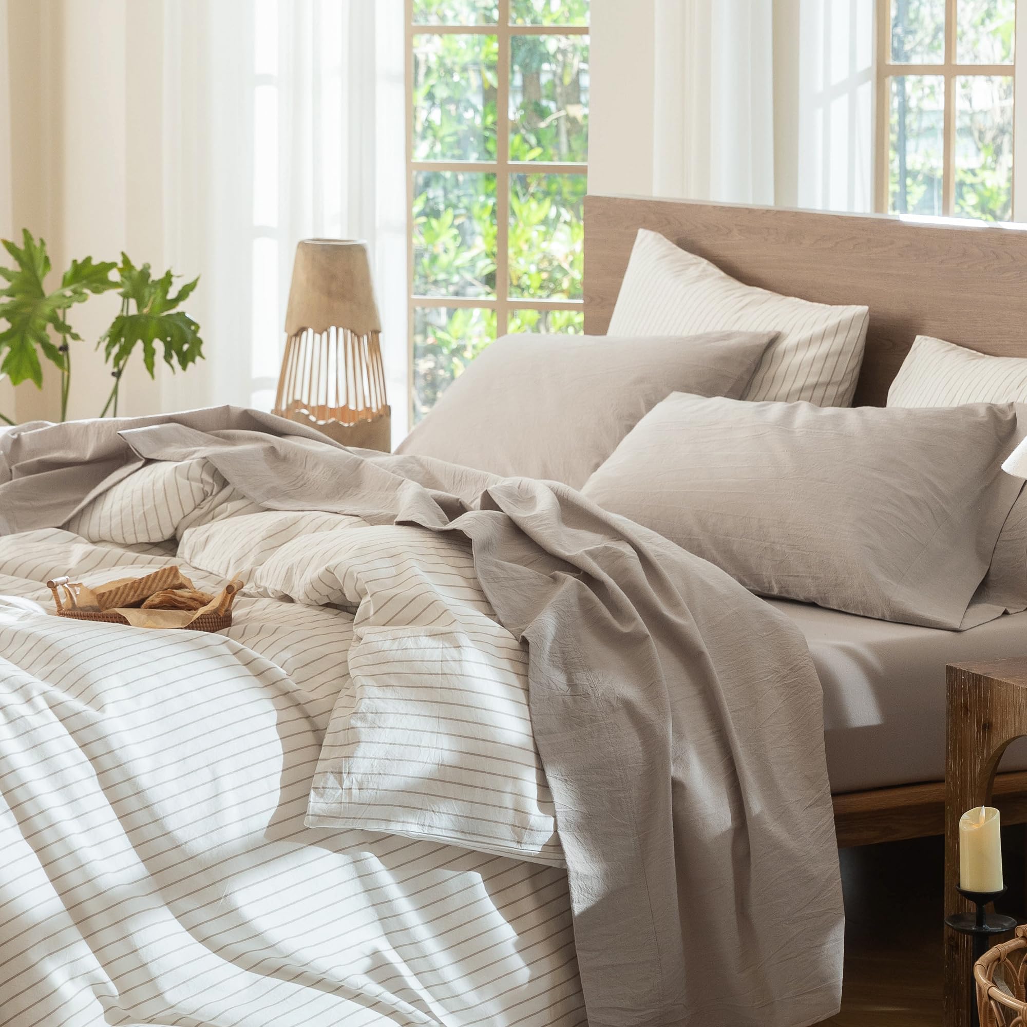 Photo 1 of MooMee Bedding Sheet Set 100% Washed Cotton Linen Like Textured Breathable Durable Soft Comfy (Heathered Cream Grey, Split King)