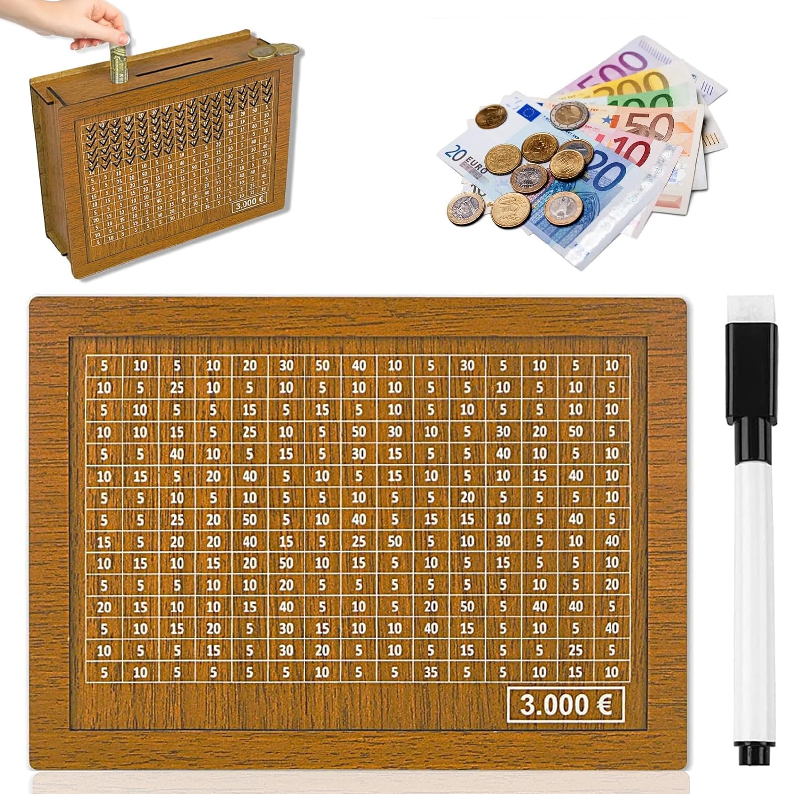 Money Saving Box, Wooden Savings Box, Money Saving Challenge with Numbers Tick with Counter, Reusable Cash Bank, Wooden Piggy Bank for Adults Kids with Savings Goals (3,000)