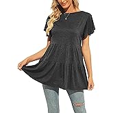 Hibluco Womens Summer Babydoll Tops Short Sleeve Shirts Round Neck Shirt Tunic Blouse