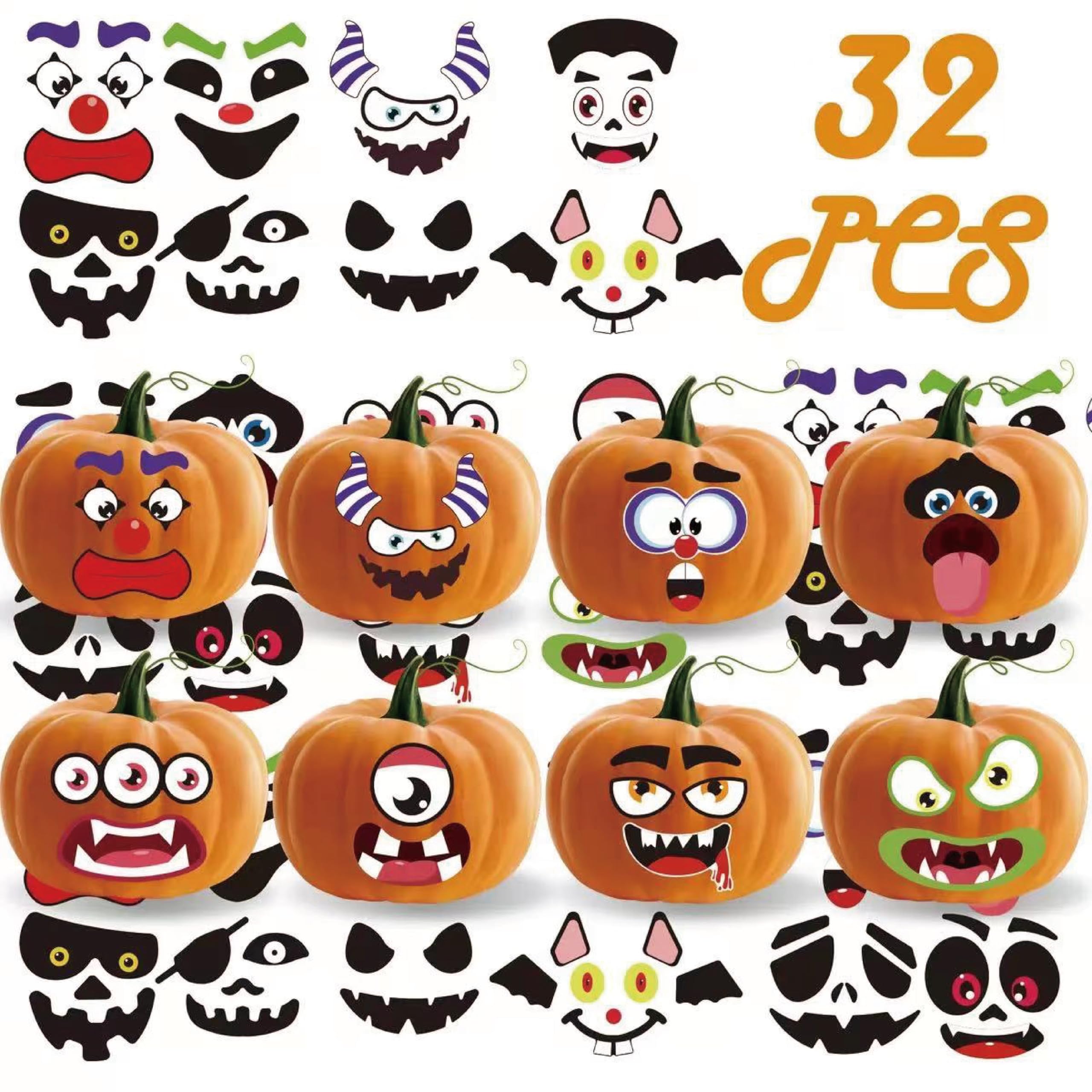 8 PCS Halloween Pumpkin Stickers in 32 Style(32 Different Expression in Total), Each Style Pumpkin face Stands for a Mood,Perfect for Halloween Party Decoration and Classroom Activity.