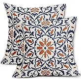 Navy Blue Orange Boho Pillow Covers 18 X 18 Inch Bohemian Ethnic Carpet Style Vintage Flower Print Decorative Throw Pillows Outdoor Linen Cushion Case Farmhouse Decor for Home Sofa Bed Set of 2