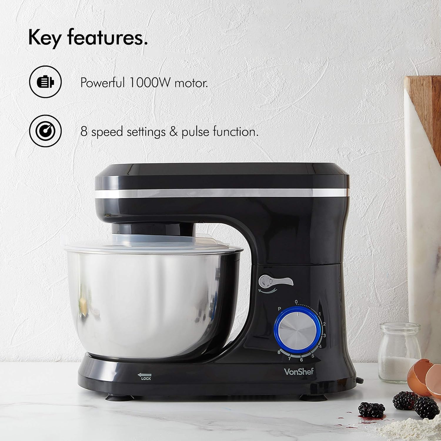 VonShef Black Stand Mixer 1000W, Electric Stand Mixers for Baking 8 Speed Standing Food Mixer with Splash Guard - Image 4