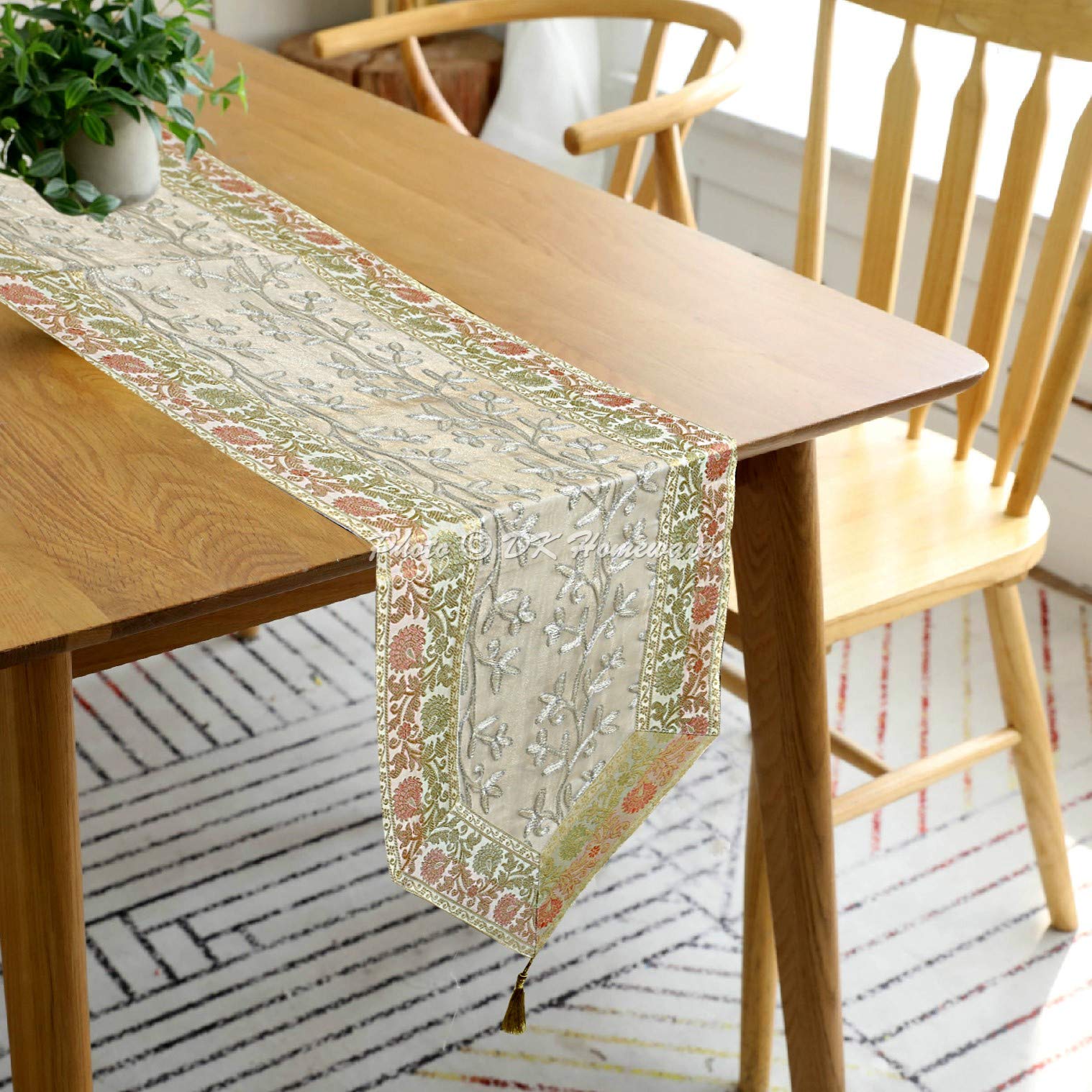 DK Homewares Ethnic Decorative Brocade Tissue Fabric Long Table Runner 72 Inch For Parties Boho Embroidered Ari Zari Tassel White And Indian Jacquard Floral Rectangle 6 Ft Tablecloth (35 x 180 cm)