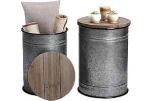 RUSTOWN Farmhouse Accent Side Table, Rustic Storage Ottoman Seat Stool, Galvanized Antique Metal End Table Box Bin with Round Wood Lid, Coffee or Cocktail Table, Nesting Pieces Two (Pure Galvanized)