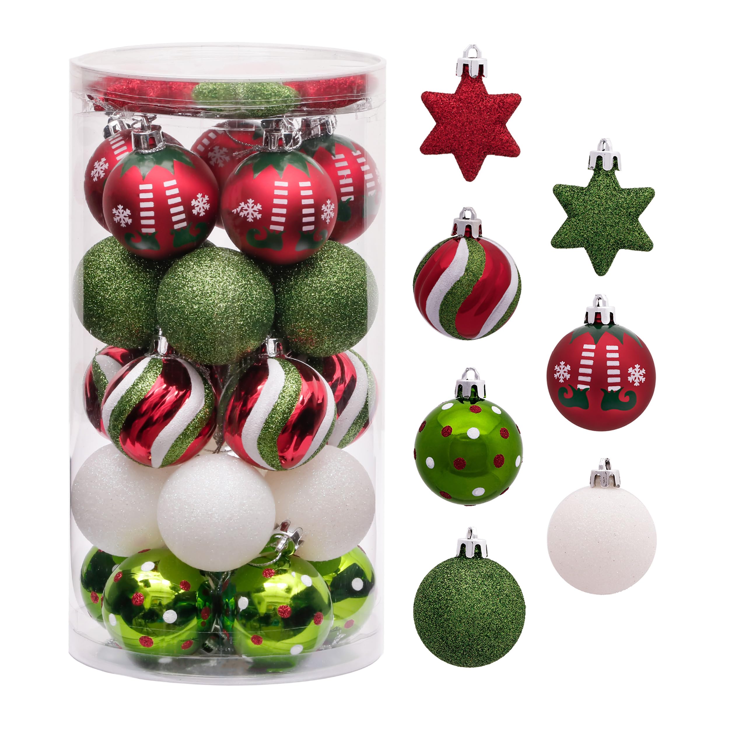 Victor's Workshop 35pcs 5cm Shatterproof Christmas Baubles, Delightful Elf Red White and Green Christmas Ball Ornaments for Tree Decorations