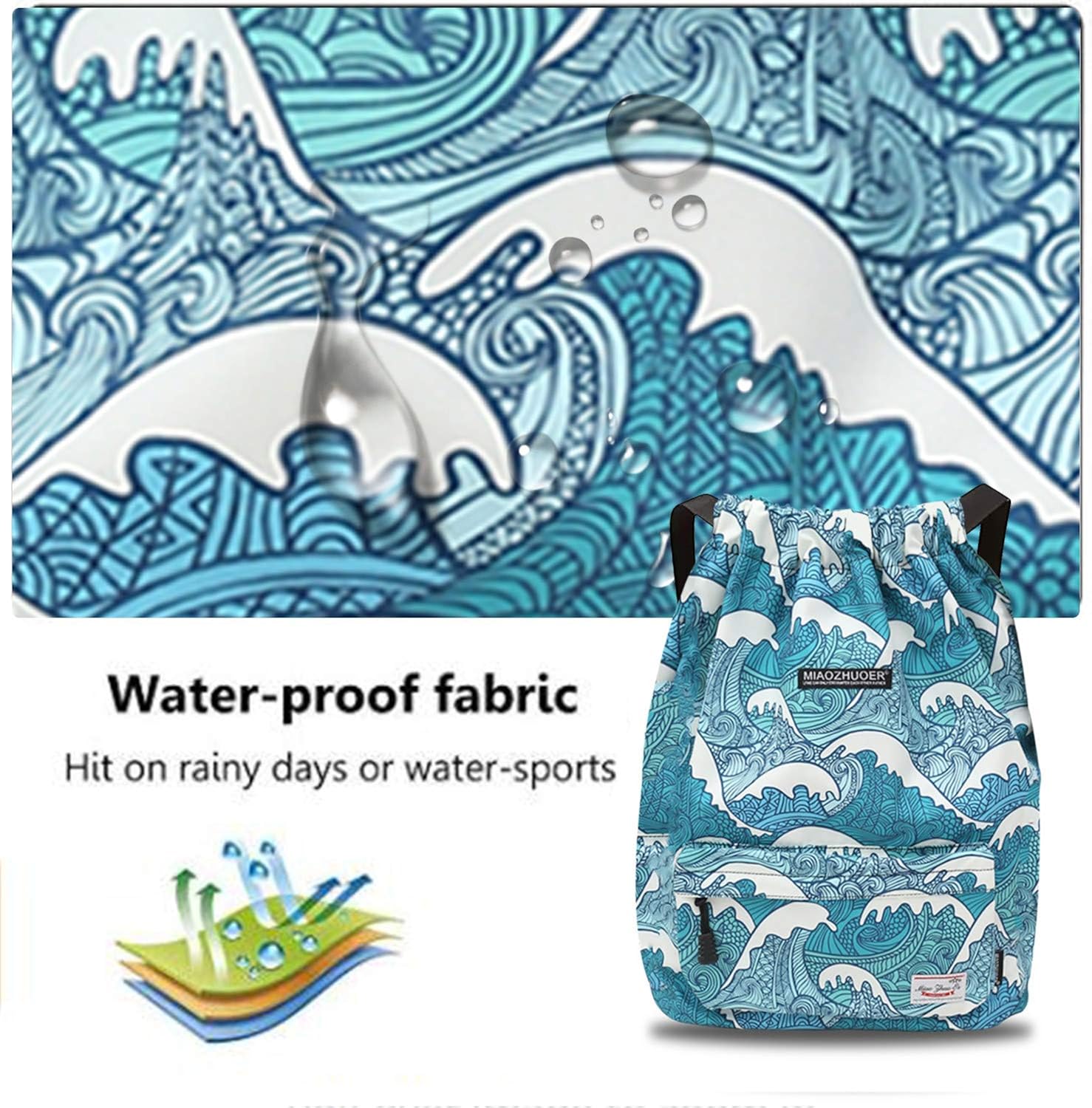 Waterproof Drawstring Bag, Gym Bag Sackpack Sports Backpack for Men Women Girls (50-wave): Clothing