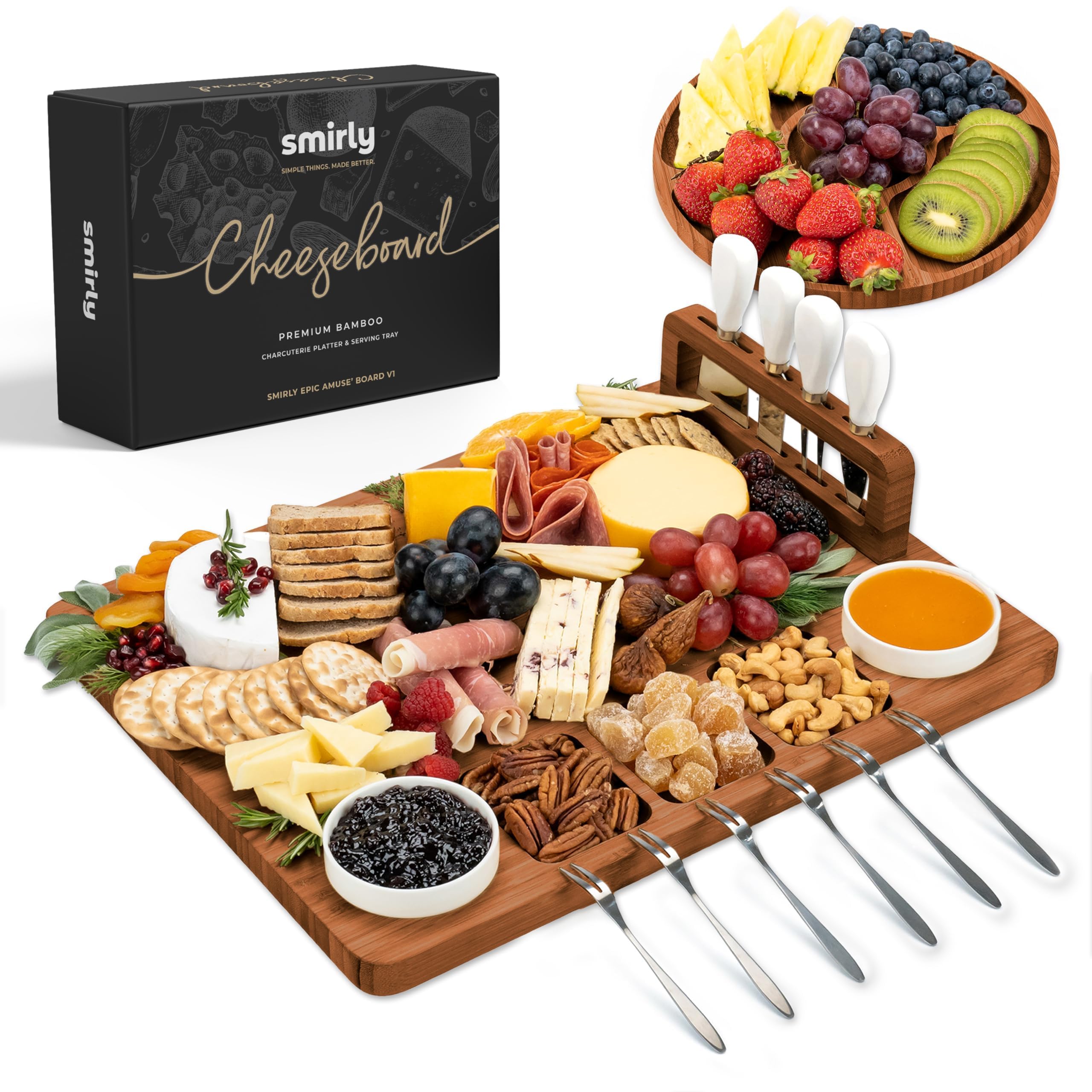 Photo 1 of SMIRLY Charcuterie Boards Set - Large Bamboo Cheese Board Set - House Warming Gifts New Home, Wedding Gift for Couple, Bridal Shower Gift, Birthday Gifts for Women