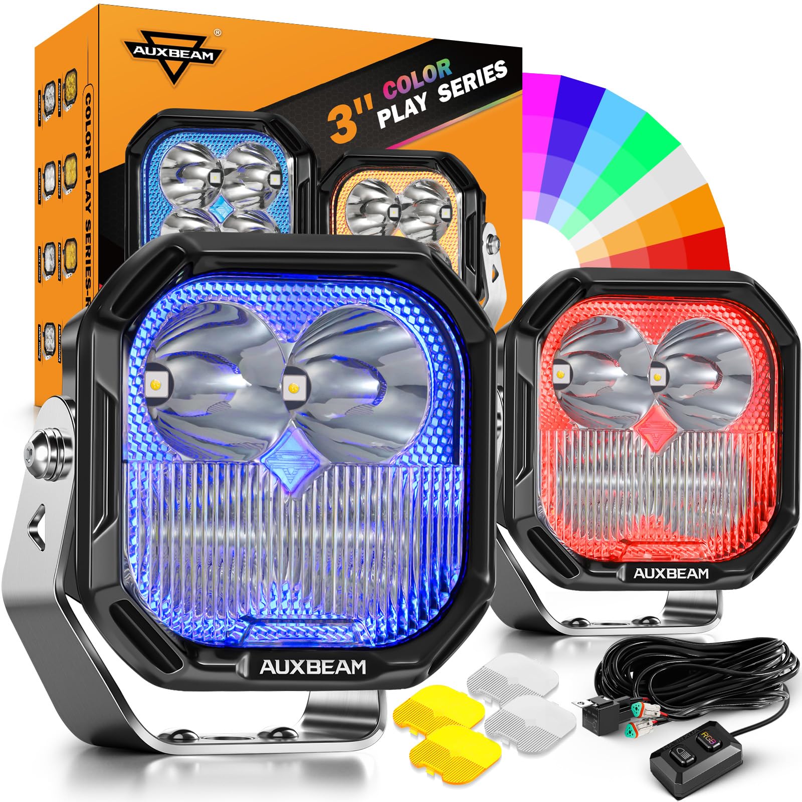Photo 1 of Auxbeam RGB Color Changing 3" LED Pods 116W Off-Road Lights 7+1 Ambient Backlight Gradient Cycle Accent Lighting, Spot Flood Combo, Amber White Lens Covers, Color Play Series