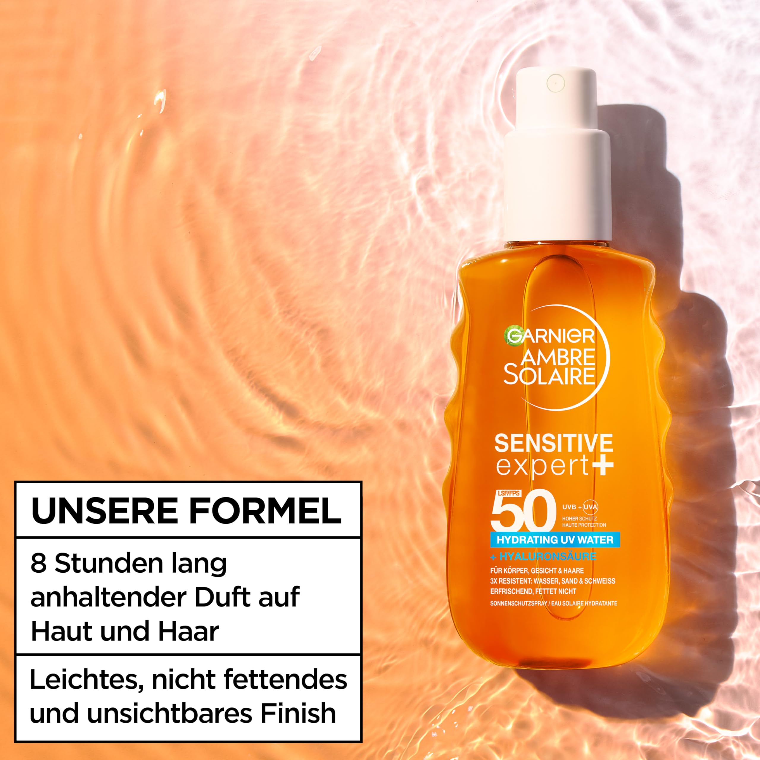 Garnier Ambre Solaire Sensitive Expert + Hydrating UV Water Sonnenschutzspray LSF 50 – Sonnen-Spray für Körper, Gesicht, Kopfhaut & Haare – Wasserfest, sandresistent & nicht fettend – 150ml 6