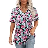 Womens V Neck Hawaiian Shirts Floral Printed Ruffle Short Sleeve Summer Casual T-Shirt Trendy Beach Blouses Tops