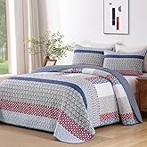 WONGS BEDDING Blue Red Quilt King Size, Bohemian Stripe Quilt Sets 3 Pieces Boho Quilted Bedspread Set Lightweight Microfiber Coverlet Bedding Set All Season (104"x90")