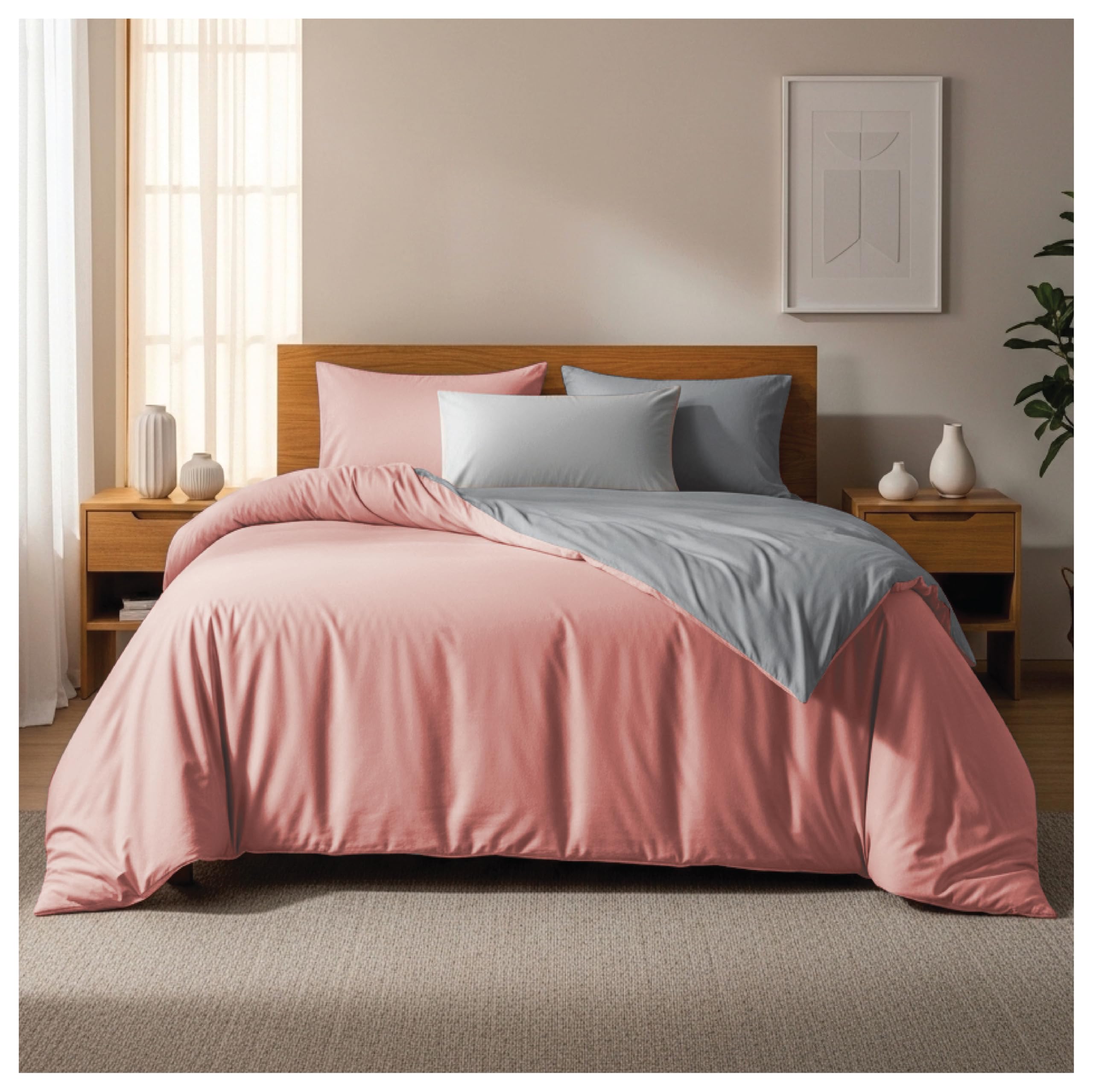 Home In Style 4U Single Duvet Cover Sets-Soft Microfiber Polyester Plain Dyed Reversible Duvet Sets with Pillow cases - Bedding Quilt Cover Set (Pink & Grey)