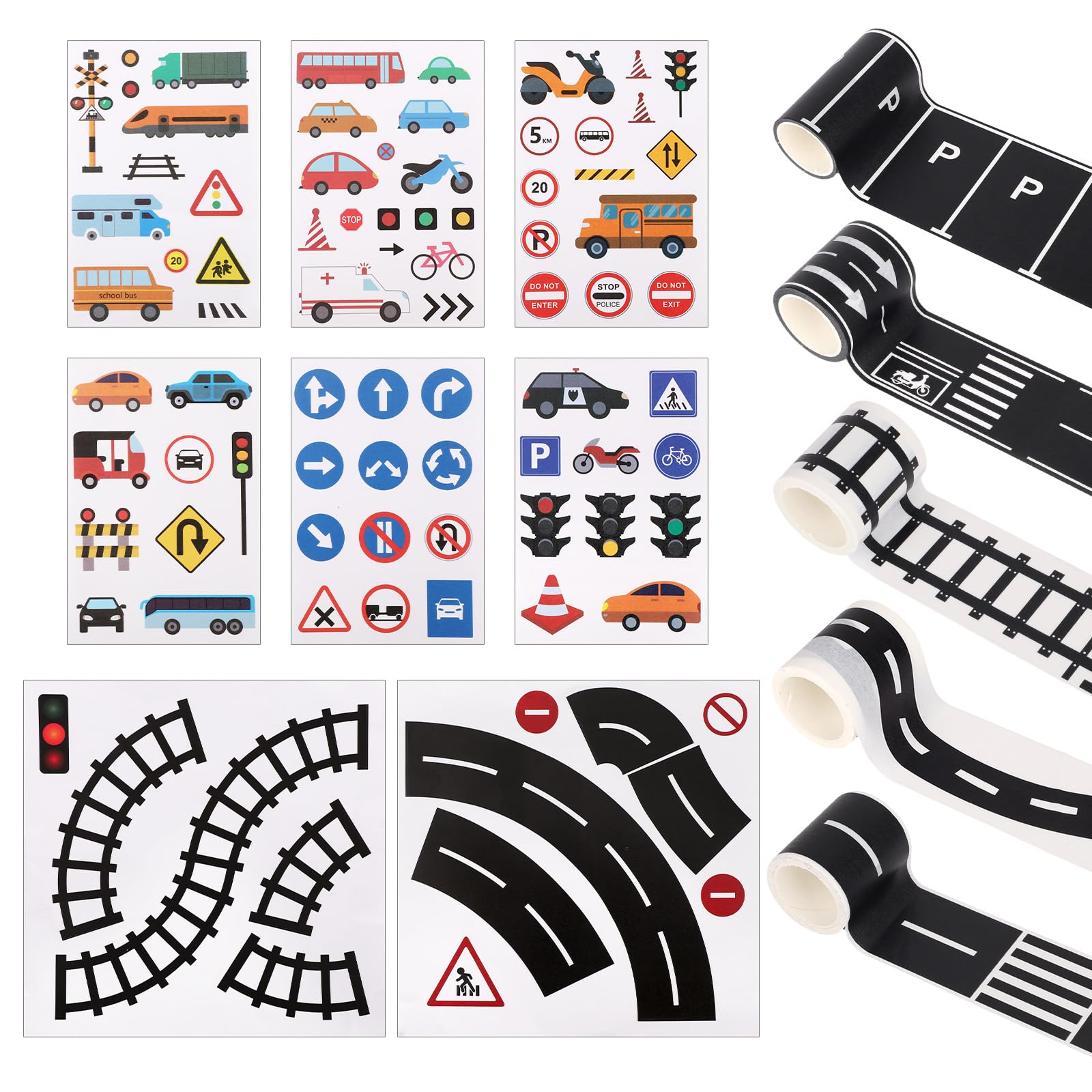 Goktvai 13pcs Reusable Tape Set for Kids, DIY Toy Car Track & Traffic Sign Stickers Includes Curves, Speed Signs & Parking Layouts Boys Party Gifts