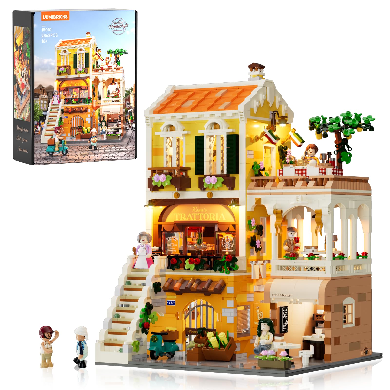 Lumibricks Italienisches Familienrestaurant Klemmbausteine mit Licht, Modular Building mit Pizzeria & Café, 2868PCS,Mediterrane Wohn Dekor, Geschenk für Food- & Baustein-Fans