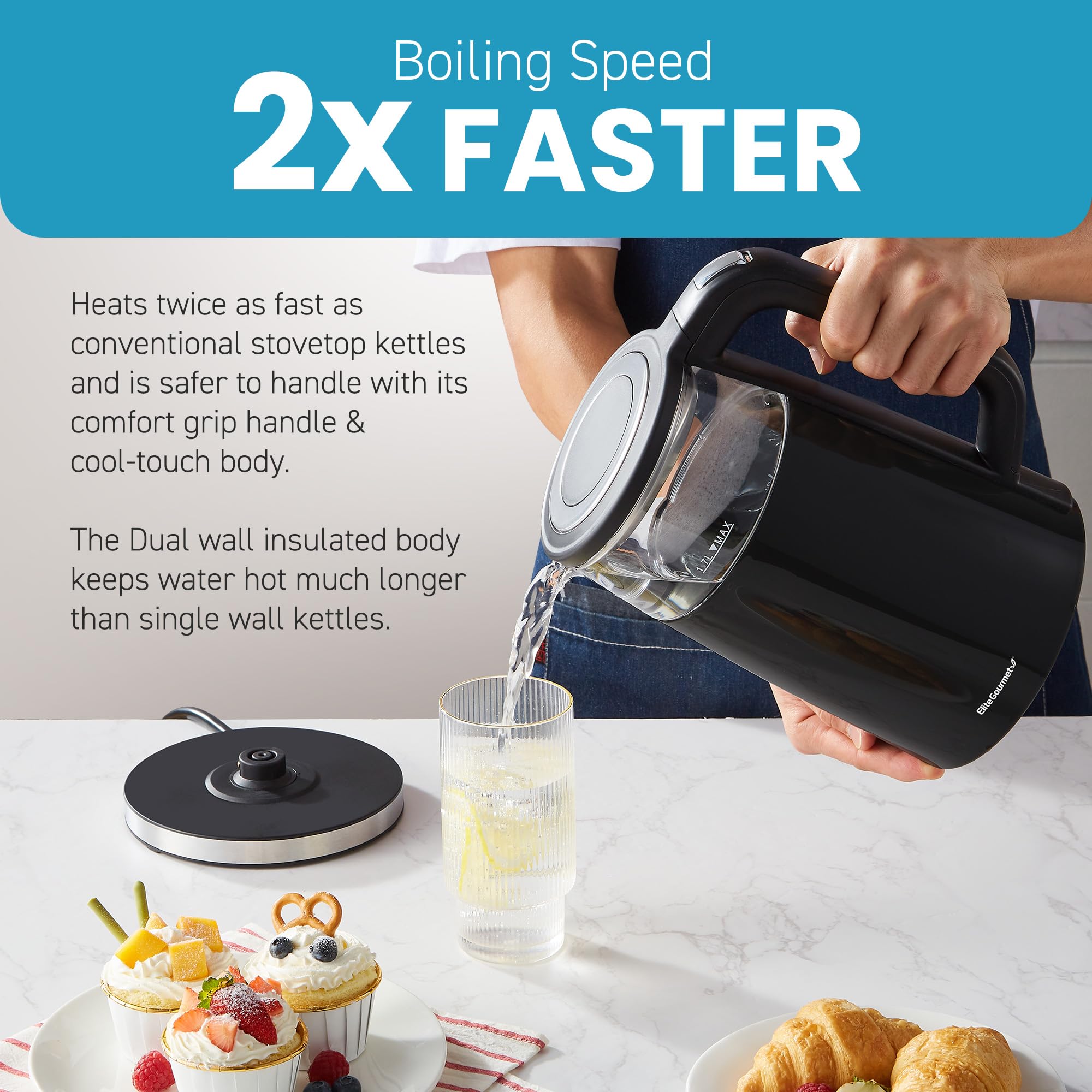 Elite Gourmet EKT8717 1.7L Dual Wall Cool Touch Electric Tea Kettle, Borosilicate Glass, 304 Stainless Steel Interior, Programmed Digital Touchscreen, Keep Warm, Auto Off & Audible Indicator, Black - Image 4